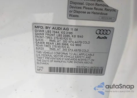 2009 Audi Q7 3.0 Tdi from USA, damaged, VIN WA1CM74L99D030192